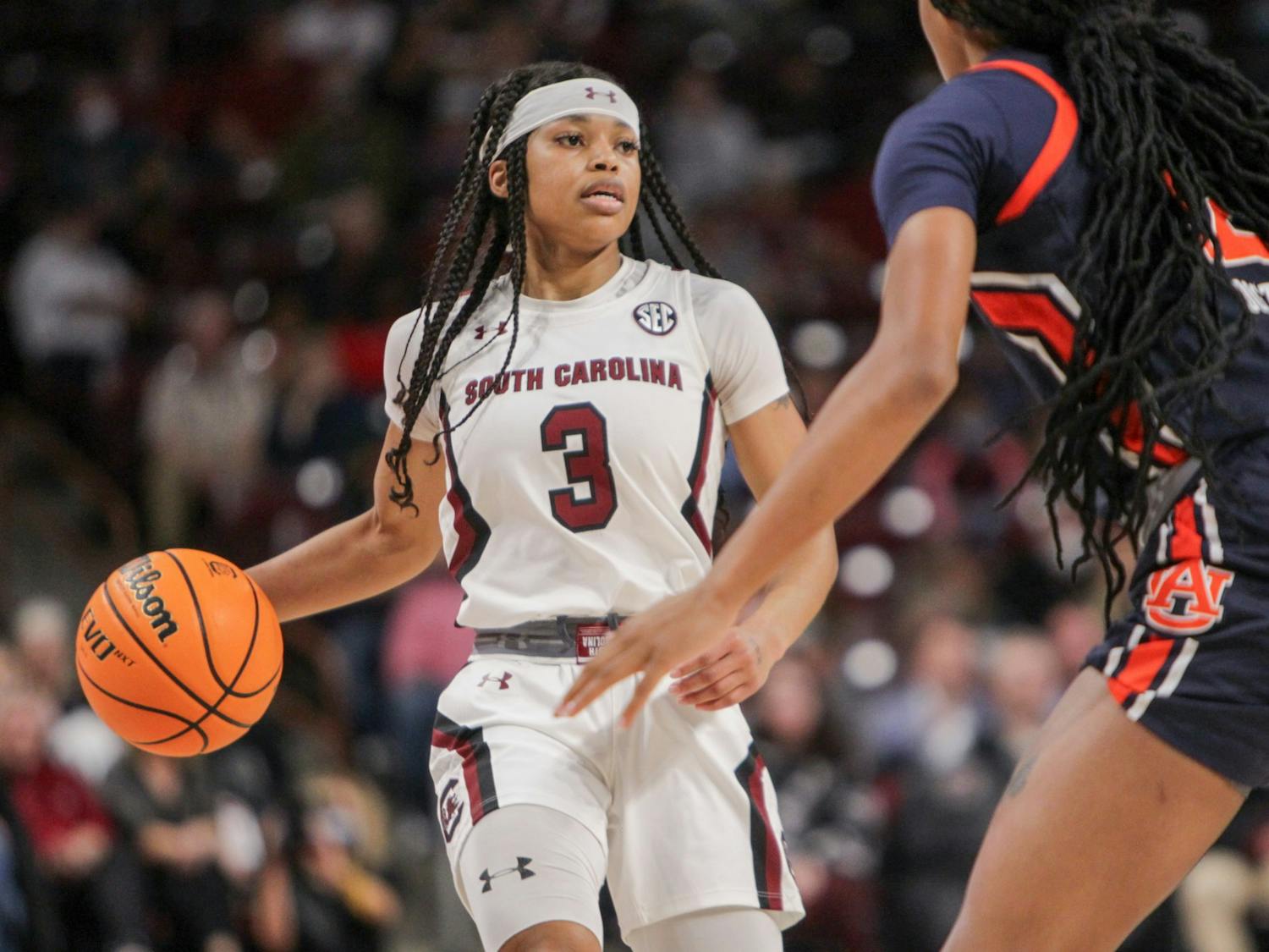 Senior guard Destanni Henderson looks for an open teammate during a game on Feb. 17, 2022 at Colonial Life Arena in Columbia, SC. The Gamecocks beat Auburn 75-38.