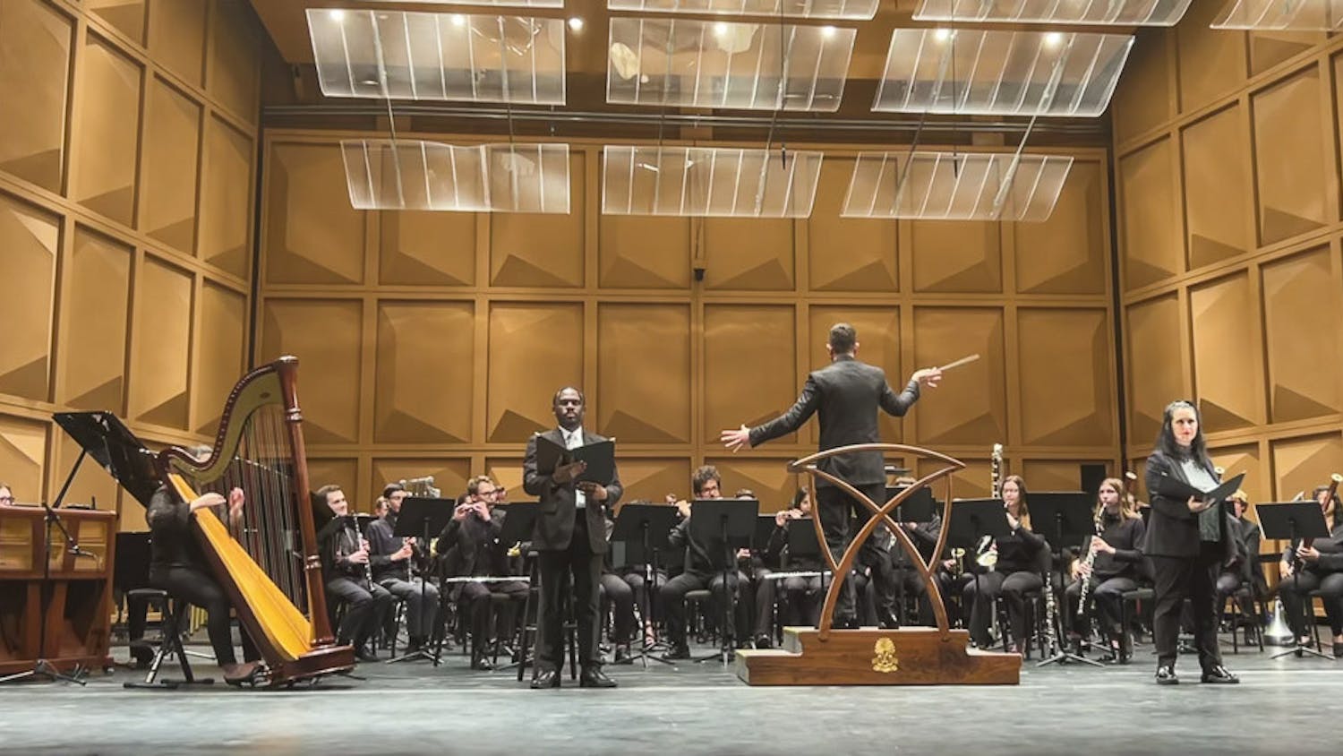 The USC wind ensemble performs its iteration of New Morning for the World by Joseph Schwantner at the Kroger Center on Feb. 10, 2023. The ensemble is conducted by Cormac Cannon, the director of bands and a professor at the USC School of Music.&nbsp;