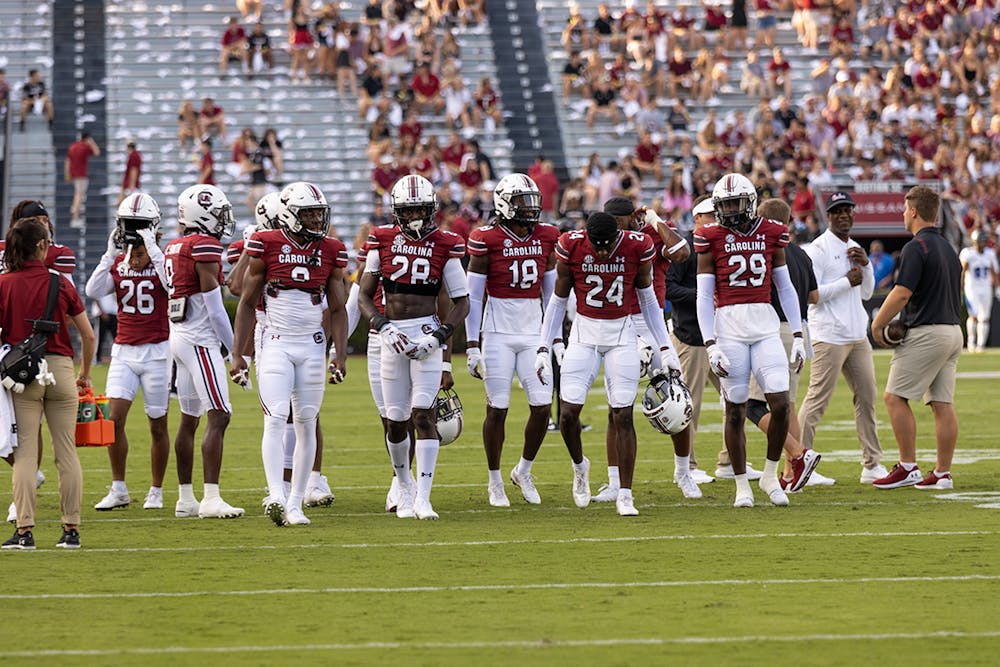 <p>Gamecock football players gear up before facing Eastern Illinois on Saturday, Sept. 4. At the first full capacity game at Williams-Brice Stadium since 2019, the Gamecocks beat the Panthers 46-0.&nbsp;</p>