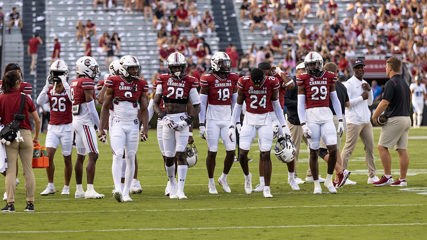 Gamecock football players gear up before facing Eastern Illinois on Saturday, Sept. 4. At the first full capacity game at Williams-Brice Stadium since 2019, the Gamecocks beat the Panthers 46-0. 