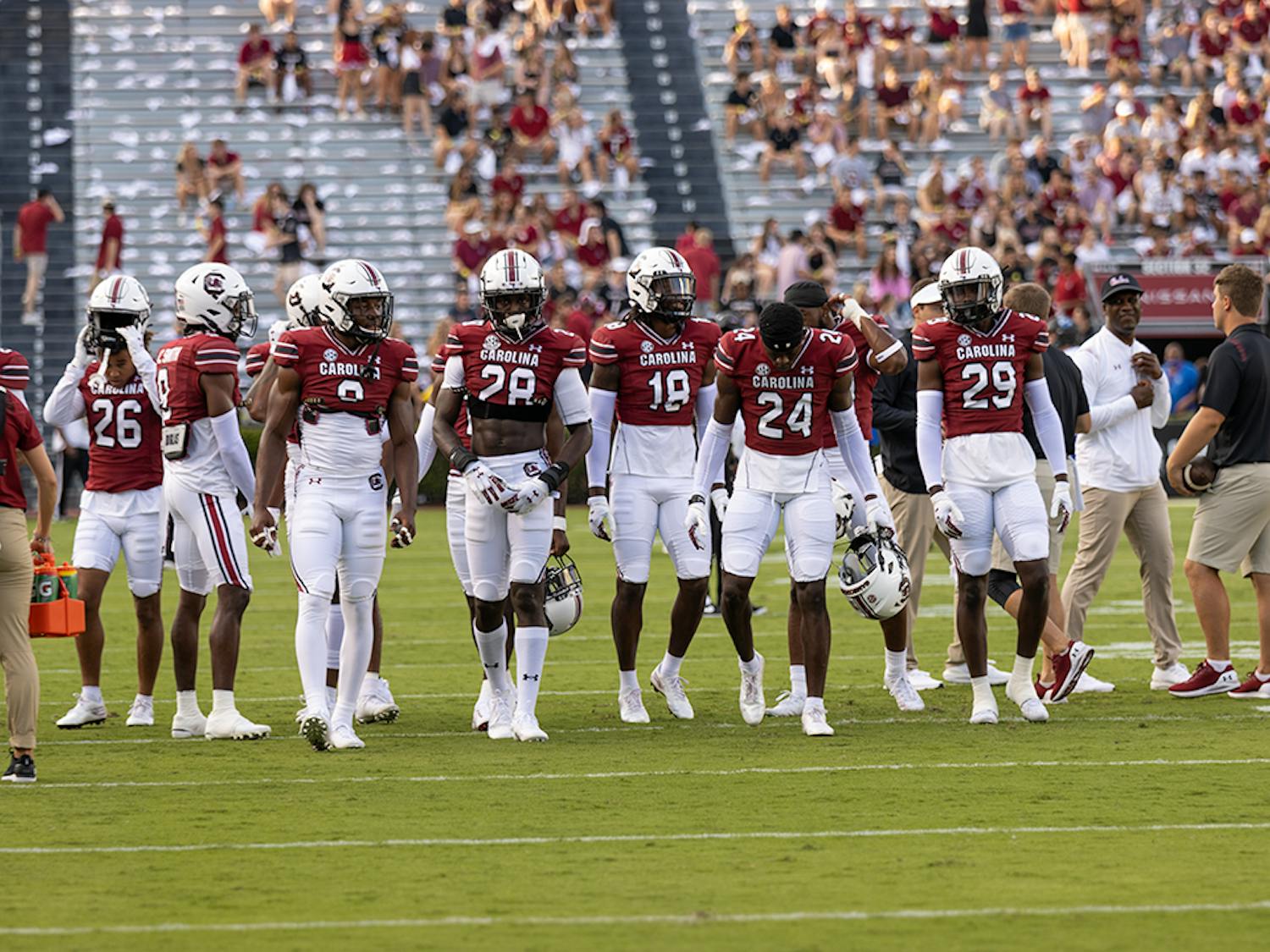 Gamecock football players gear up before facing Eastern Illinois on Saturday, Sept. 4. At the first full capacity game at Williams-Brice Stadium since 2019, the Gamecocks beat the Panthers 46-0.&nbsp;