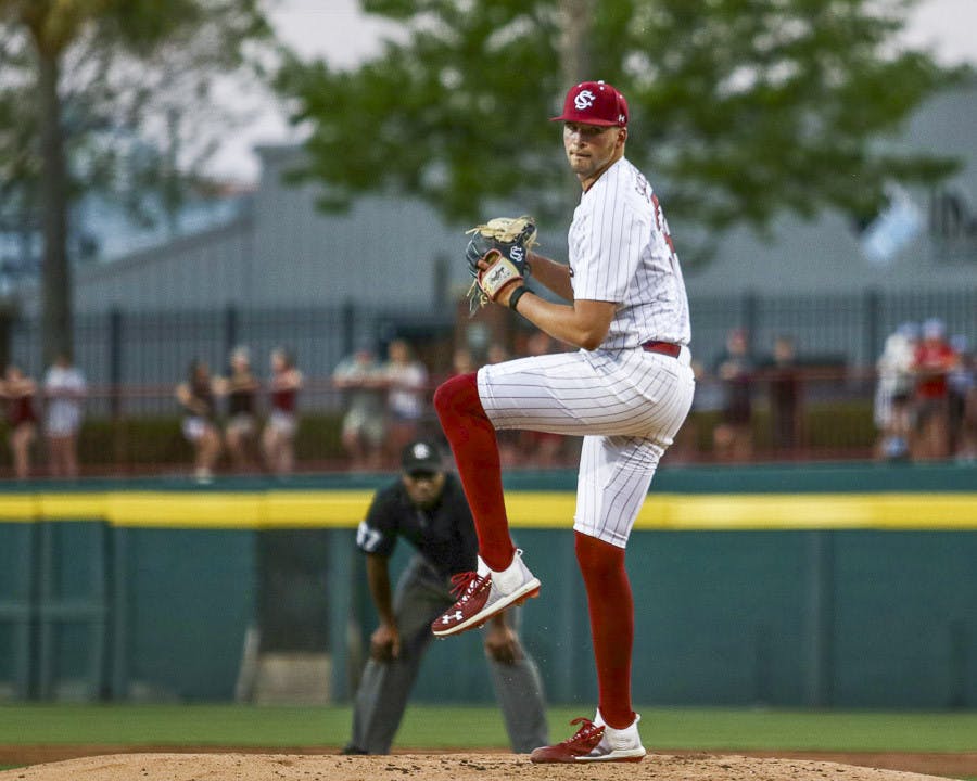FILE—Gamecocks junior pitcher Will Sanders prepares a pitch to a Mizzou opponent during the first game of a series on March 24, 2023. The Gamecocks won that game 9-8 and swept the series 3-0.