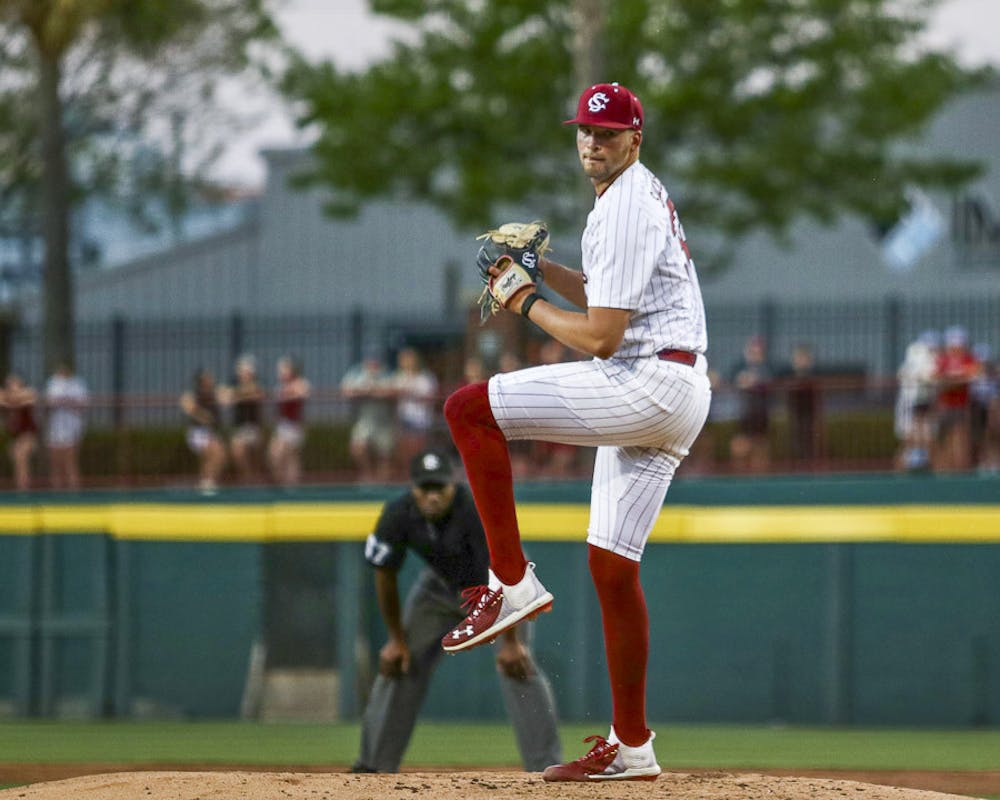 <p>FILE—Gamecocks junior pitcher Will Sanders prepares a pitch to a Mizzou opponent during the first game of a series on March 24, 2023. The Gamecocks won that game 9-8 and swept the series 3-0.</p>