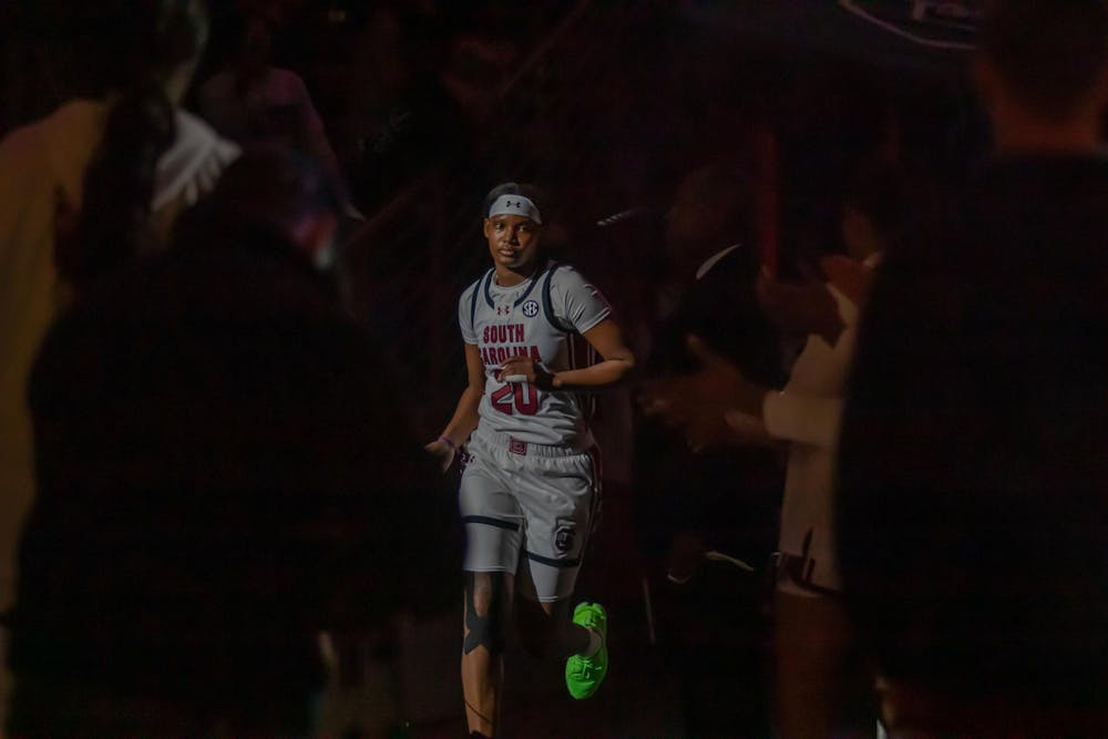 <p>FILE — Senior forward Sania Feagin runs out of the tunnel during team introductions for the game against Duke University on Dec. 5, 2024 at Colonial Life Arena. Feagin had 11 points in her 21 minutes of playing time for the Gamecocks.</p>