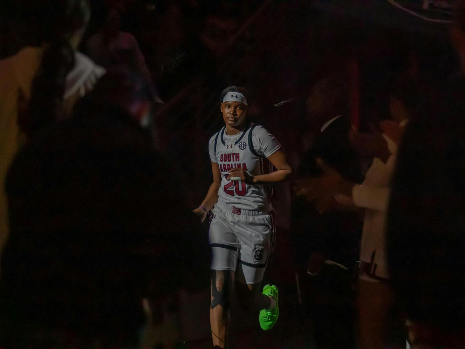 FILE — Senior forward Sania Feagin runs out of the tunnel during team introductions for the game against Duke University on Dec. 5, 2024 at Colonial Life Arena. Feagin had 11 points in her 21 minutes of playing time for the Gamecocks.