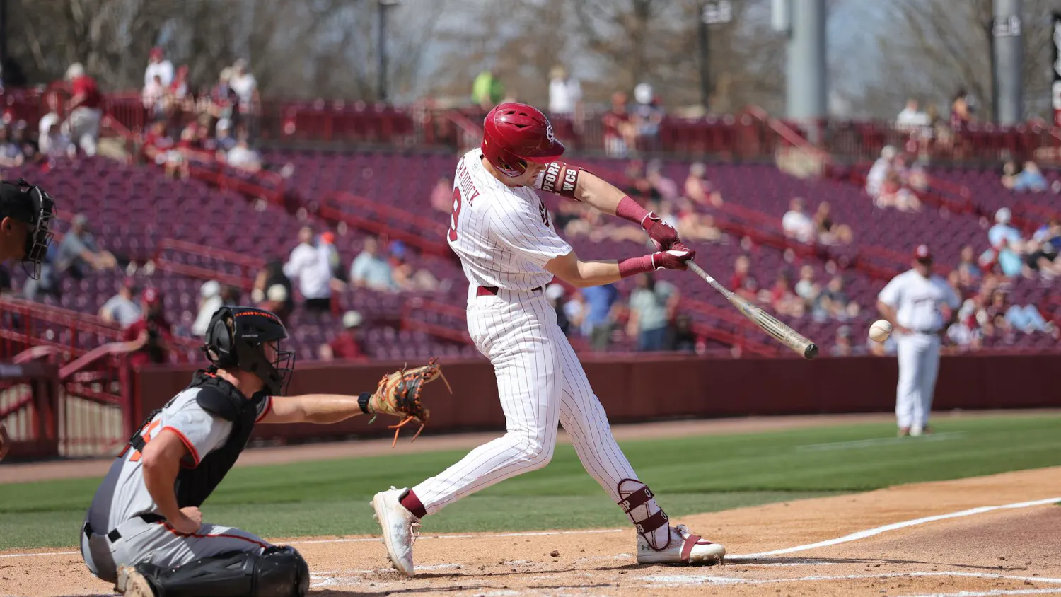 FILE — Freshman infielder Will Craddock swings at the ball during South Carolina’s game against Princeton at Founders Park on March 7, 2026. Craddock has made five home runs and five doubles this season.