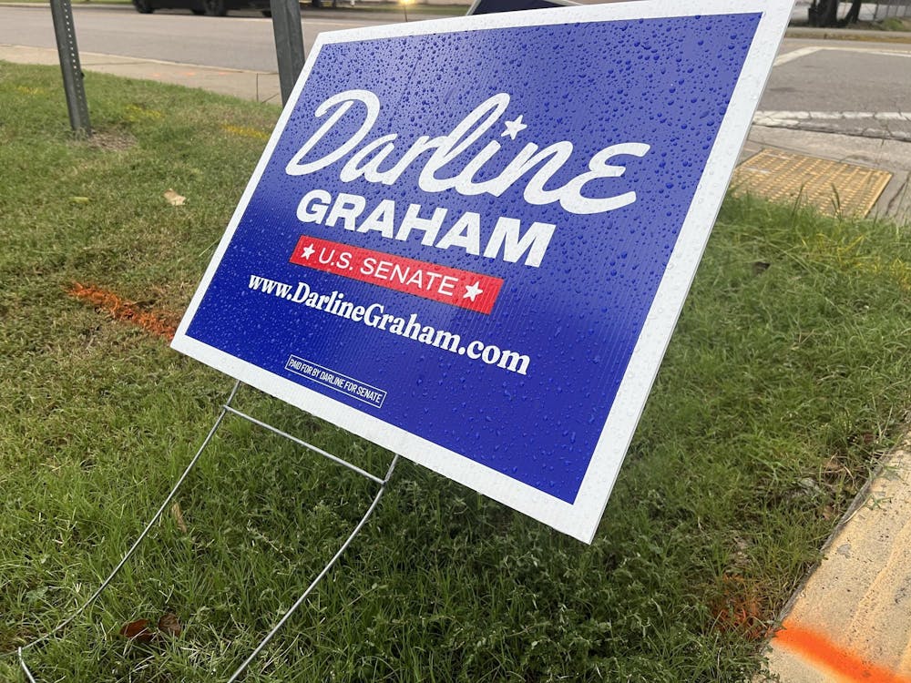 <p>A sign for Sen. Darline Graham’s campaign sits outside on Pickens Street in Columbia, South Carolina on Aug. 21, 2026. Graham announced in July she would run for a full term in the Senate seat her late brother Lindsey Graham once held.</p>