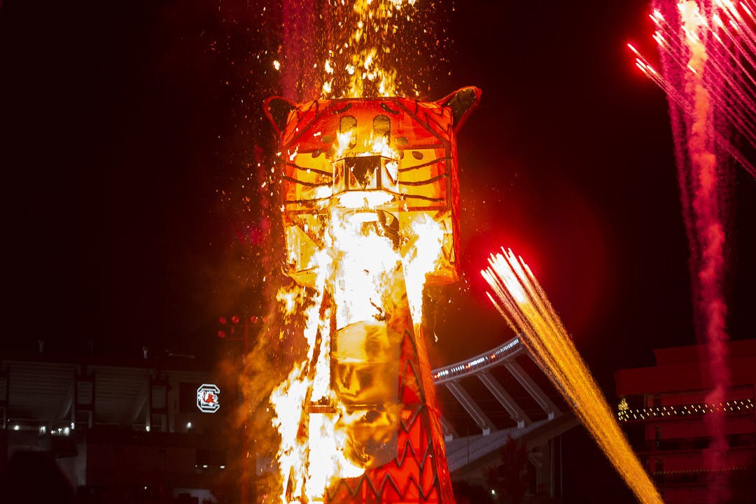 Flames quickly catch and spread throughout the 32.5-foot-tall tiger statue during the Tiger Burning ceremony at the Bluff Road intramural fields on Nov. 21, 2022. The annual event with the University of South Carolina engineering department marks the beginning of rivalry week in preparation for the South Carolina and Clemson football game.