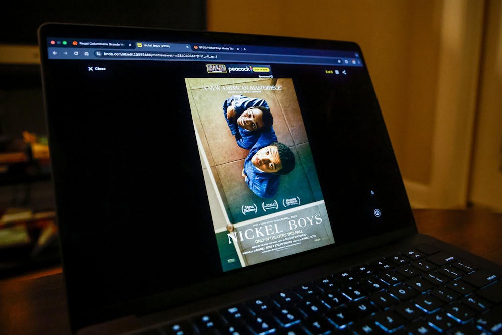 <p>A computer screen displays the poster for the movie "Nickel Boys". The movie tells the story of two African-American boys who are sent to an abusive reform school in 1960s Florida.</p>