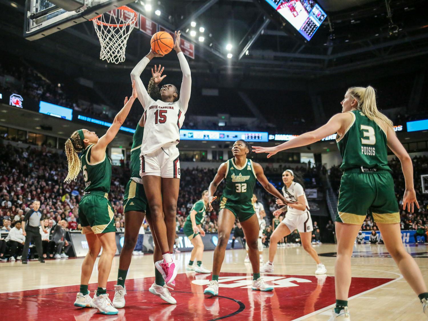 Senior forward Laeticia Amihere puts up a shot during South Carolina’s game against South Florida in round two of the NCAA tournament at Colonial Life Arena on March 19, 2023. The Gamecocks defeated the Bulls 76-45.