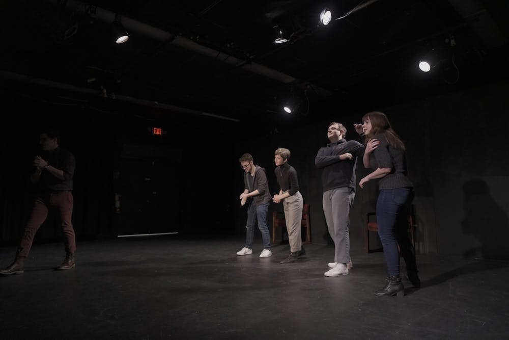 <p>OverReactors Improv members Kevin Connaughton, Cassidy Spencer, Jesse Breazeale and Erin Hahn during the "Prohibition Prov" in February 2020.</p>