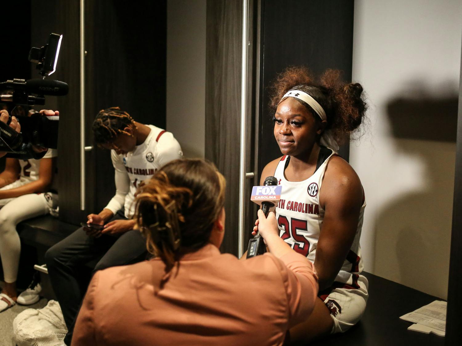 Redshirt freshman Raven Johnson is interviewed by FOX Carolina in the locker room following South Carolina’s win against South Florida in round two of the NCAA tournament at Colonial Life Arena on March 19, 2023. The Gamecocks defeated the Bulls 76-45.