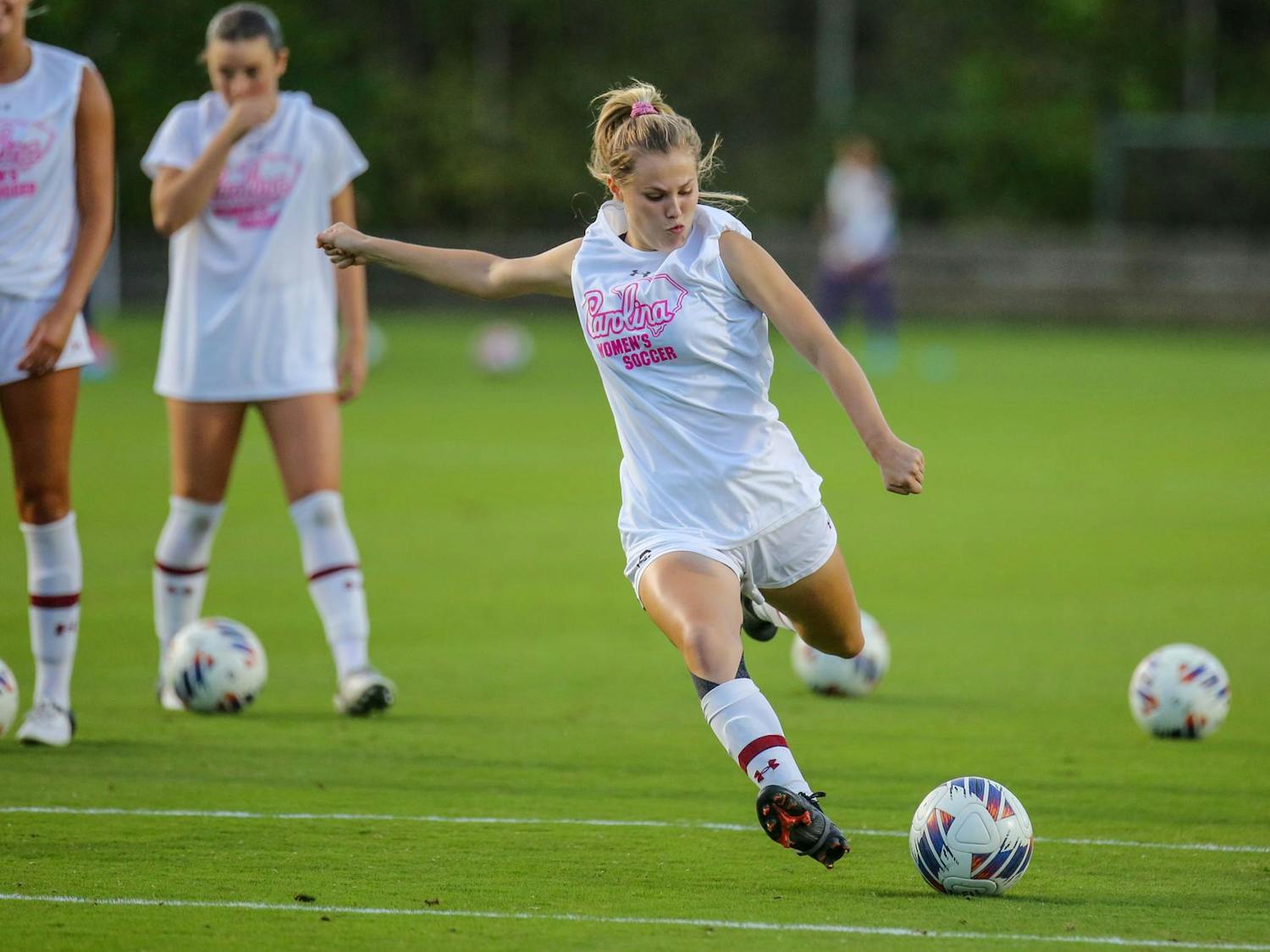 Graduate student midfielder Hollyn Torres shoots at the goal prior to South Carolina’s match against LSU at Stone Stadium on Oct. 5, 2023. The Gamecocks beat the Tigers 1-0.