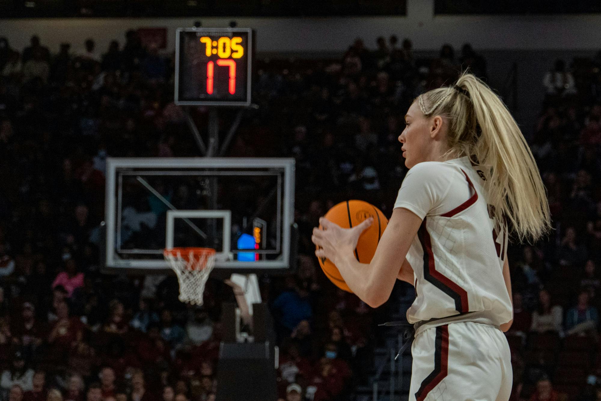 Freshman forward Chloe Kitts passes the ball during a game against Texas A&amp;M on Dec. 29, 2022. South Carolina defeated Texas 76-34 scoring its first in-conference win of the season.