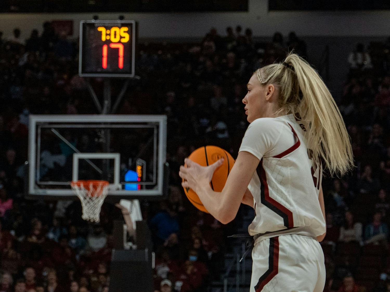 Freshman forward Chloe Kitts passes the ball during a game against Texas A&amp;M on Dec. 29, 2022. South Carolina defeated Texas 76-34 scoring its first in-conference win of the season.