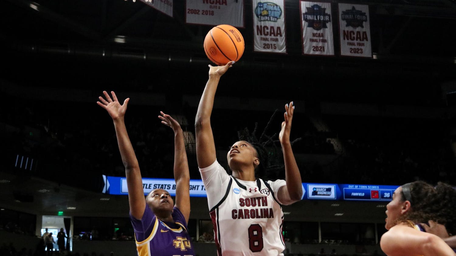 Joyce Edwards of South Carolina takes a shot during the first round of the NCAA Tournament against Tennessee Tech on March 21, 2025, at Colonial Life Arena in Columbia, South Carolina. Edwards showcased her scoring ability as the Gamecocks aimed to advance to the second round of the NCAA Tournament.