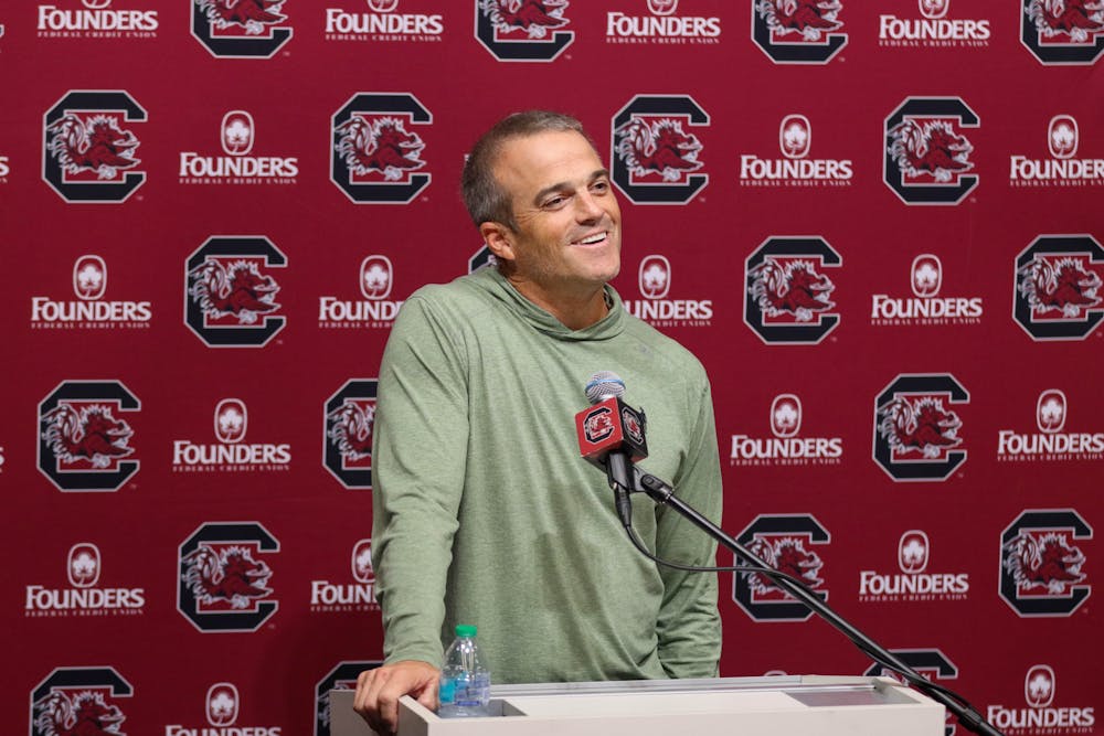 <p>FILE — Head football coach Shane Beamer reminisces about the team's game versus Texas A&amp;M during the press conference on Nov. 5, 2024. The Gamecocks are preparing to face Wofford on Saturday after defeating No. 23 Missouri.</p>