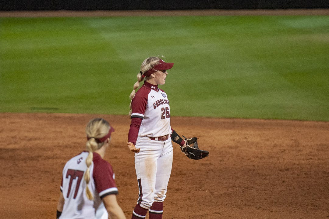 Current junior infielder Riley Blampied waits for the interference call from the umpires after a runner interferes with the play on Feb. 16, 2022. The Gamecocks went on the road to play at the Charlotte Invitational, which began on Feb. 9.