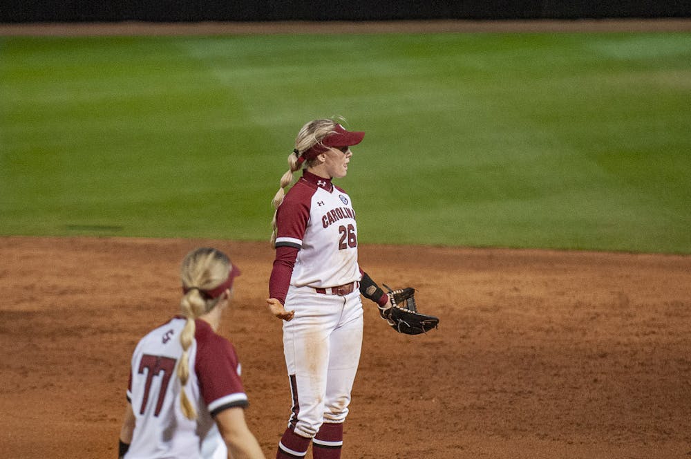 <p>Current junior infielder Riley Blampied waits for the interference call from the umpires after a runner interferes with the play on Feb. 16, 2022. The Gamecocks went on the road to play at the Charlotte Invitational, which began on Feb. 9.</p>