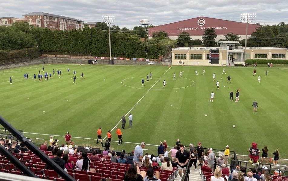 A wide shot of Eugene E. Stone III Stadium prior to the South Carolina men's soccer game against Georgia State on Sept. 22, 2023. Before the game, the team retired former Gamecock goalkeeper Charlie Arndt's jersey.