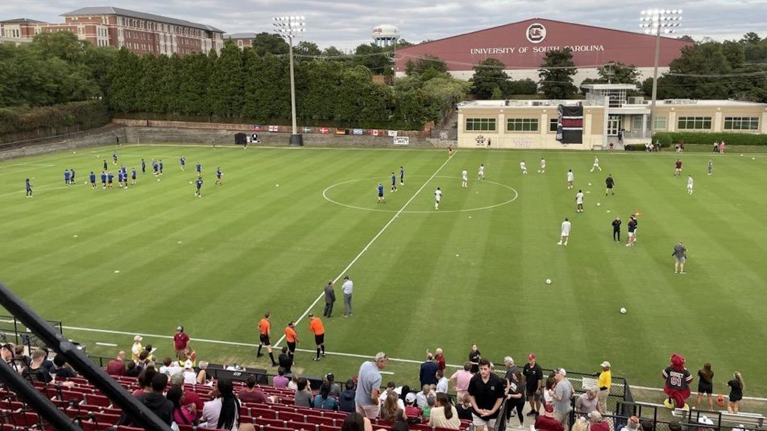 A wide shot of Eugene E. Stone III Stadium prior to the South Carolina men's soccer game against Georgia State on Sept. 22, 2023. Before the game, the team retired former Gamecock goalkeeper Charlie Arndt's jersey.