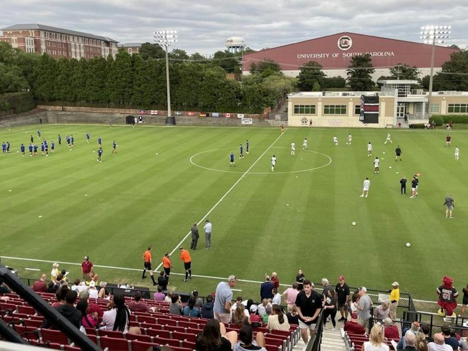 A wide shot of Eugene E. Stone III Stadium prior to the South Carolina men's soccer game against Georgia State on Sept. 22, 2023. Before the game, the team retired former Gamecock goalkeeper Charlie Arndt's jersey.