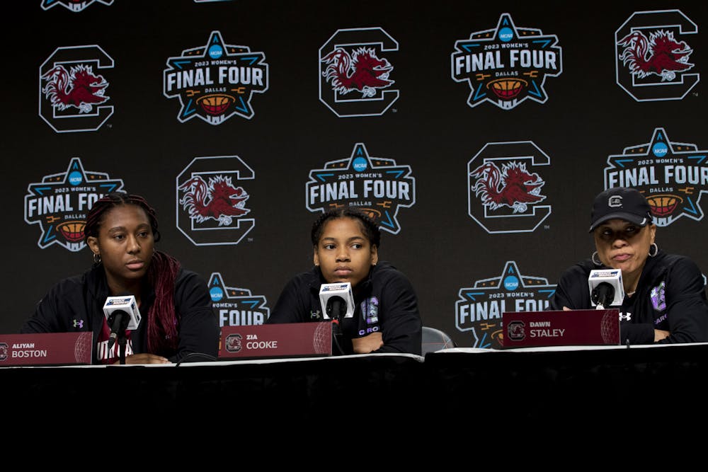 <p>Senior guard Zia Cooke, senior forward Aliyah Boston and head coach Dawn Staley keep a stern composure while listening to the media's questions at the Women’s Final Four Pregame Press Conference on March 30, 2023, in Dallas, Texas. This is Staley’s third consecutive year leading the Gamecocks to the Final Four.&nbsp;</p>