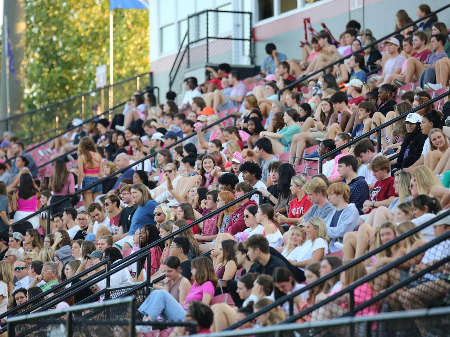 Gamecock fans wore pink for Breast Cancer Awareness Month at the men's soccer game on Oct. 3, 2023. The team honored a cancer survivor during halftime and pink ribbons were available for fans at the marketing table.