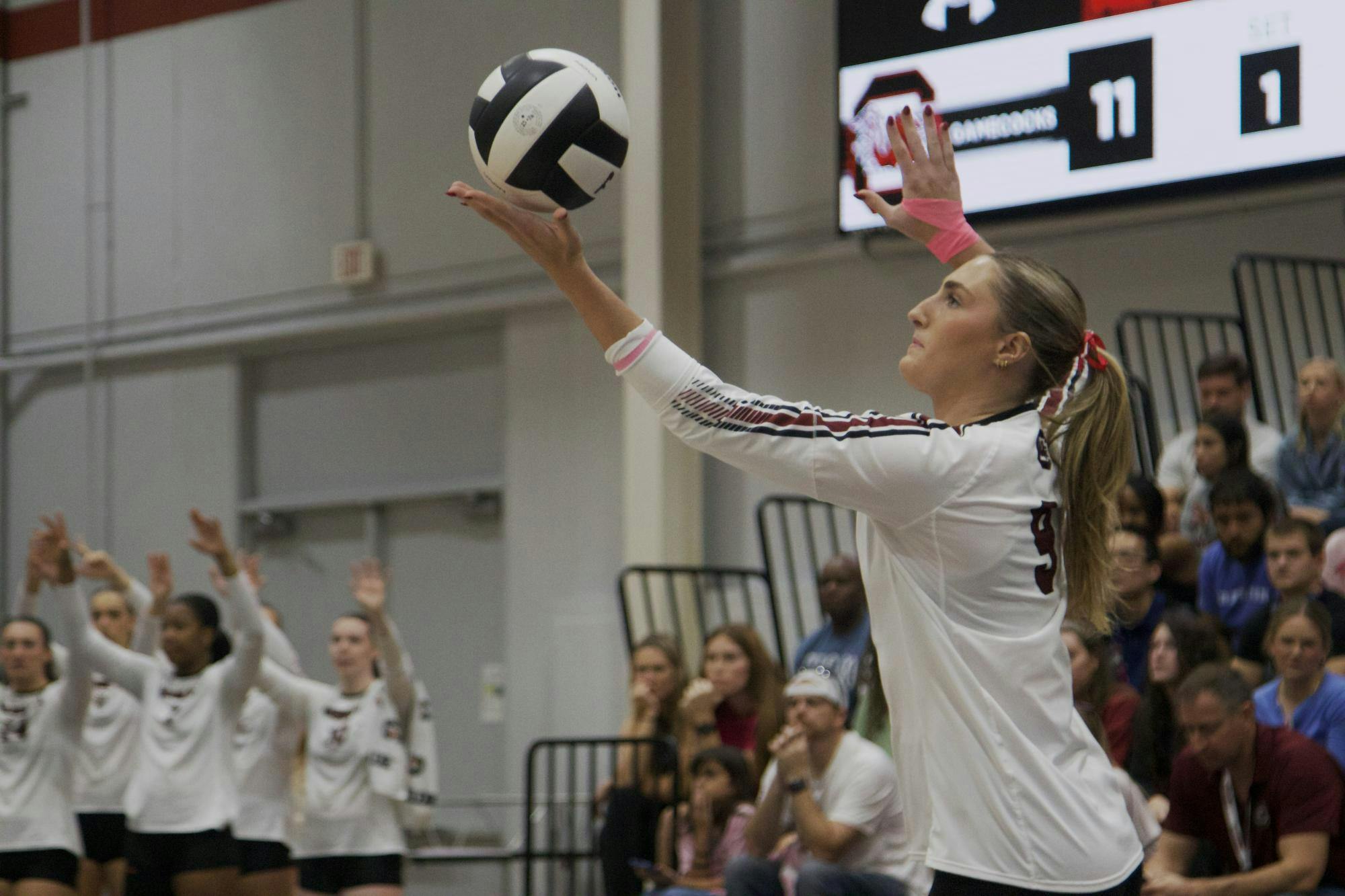 Junior middle Ava Leahy serves the ball during the Gamecocks’ first set against the Mississippi State Bulldogs. The game took place on Oct. 17, 2025, at 7 p.m.&nbsp;&nbsp;