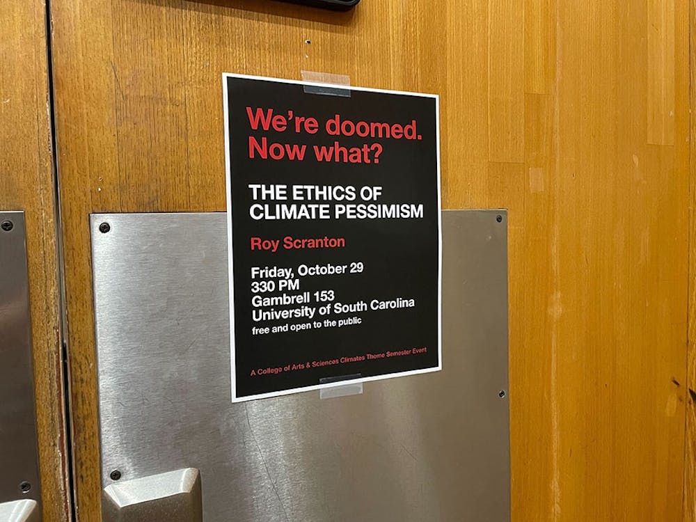 <p>A flyer on the door of Notre Dame professor Roy Scranton's "The Ethics of Climate Pessimism" event. Scranton said using fear in communicating about climate change promotes the most action, but that it should not be overly nihilistic or instill hopelessness.</p>
