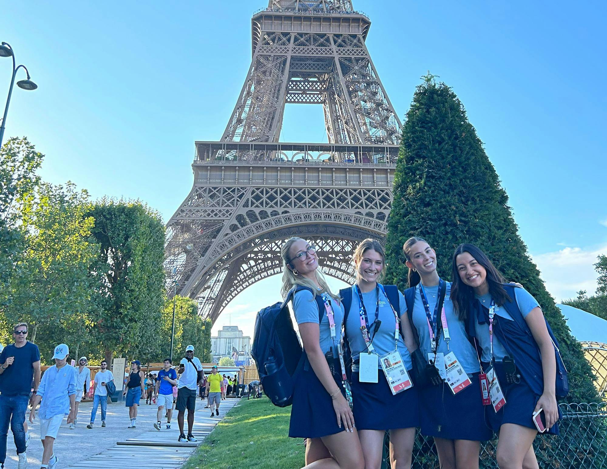 Fourth-year sport and entertainment management student Olivia Donofrio (far left), is pictured with a fellow interns in front of the Eiffel Tower during the 2024 Summer Olympics in Paris. Donofrio handled ticketing and accompanied guests to athletic events as part of her role as an intern.