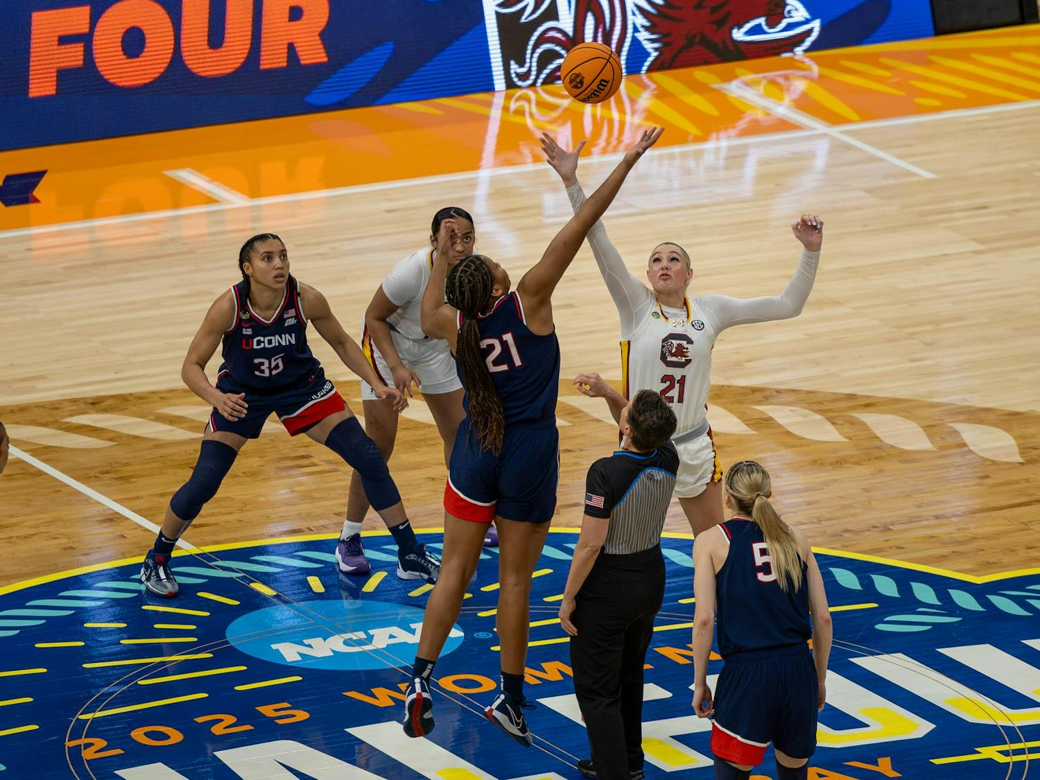 Junior forward Chloe Kitts jumps for the ball at tip-off during the National Championship game between South Carolina and UConn on April 6, 2025. The Gamecocks lost to the Huskies 82-59.
