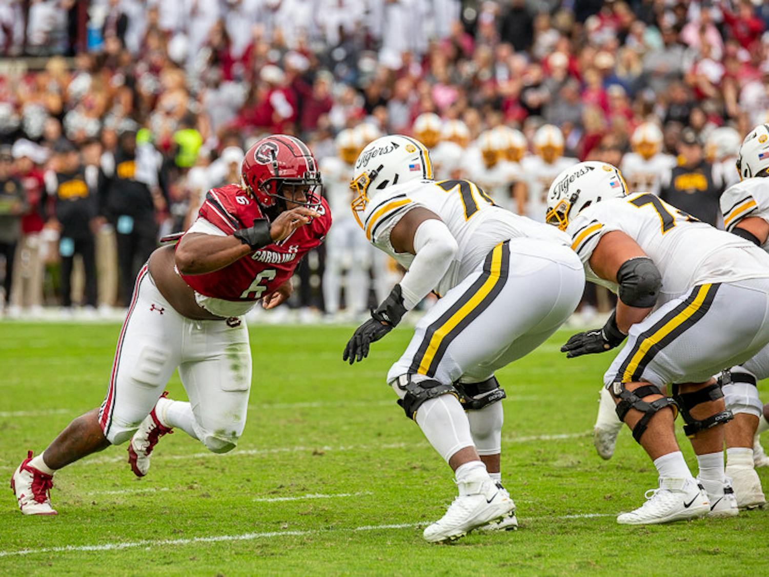 Senior defensive lineman Zacch Pickens attempts to run past Missouri's offensive line during the game on Oct. 29, 2022. Missouri beat South Carolina 23-10.