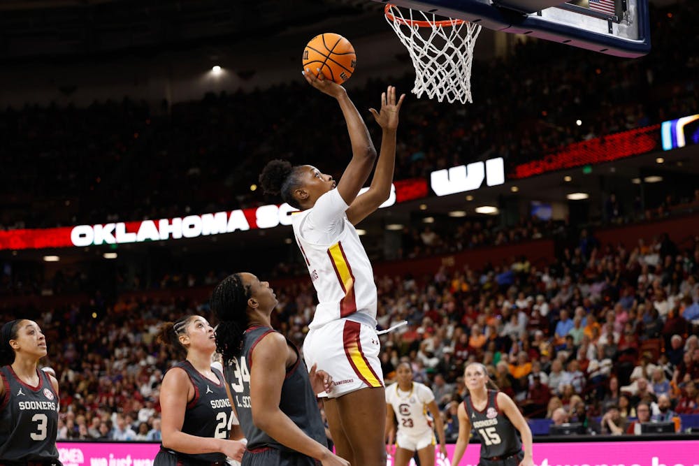 <p>Freshman forward Joyce Edwards performs a layup during the semifinals of the SEC Tournament against Oklahoma on March 8, 2025. Edwards contributed 21 points to the Gamecocks 93-75 win over the Sooners.</p>