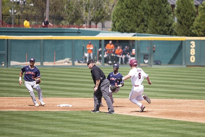 Senior TJ Hopkins slides into second base during the Saturday game against Auburn at Founders Park.