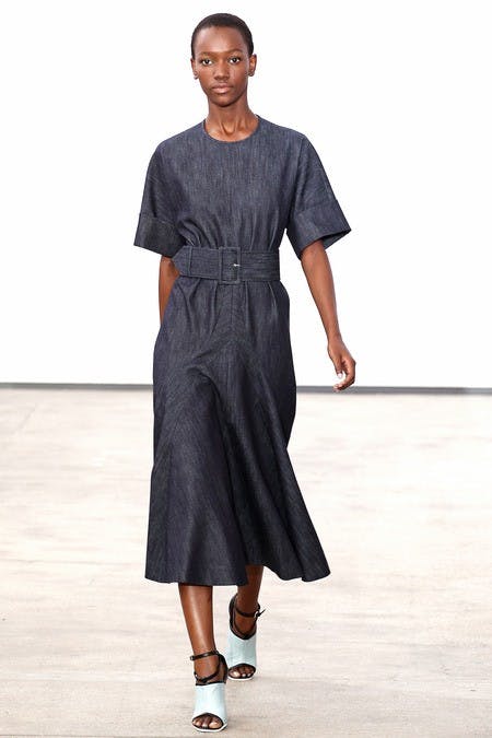 	This particular take on denim, using the same belts that were on trench coats, brings a more business casual appeal to the dress.