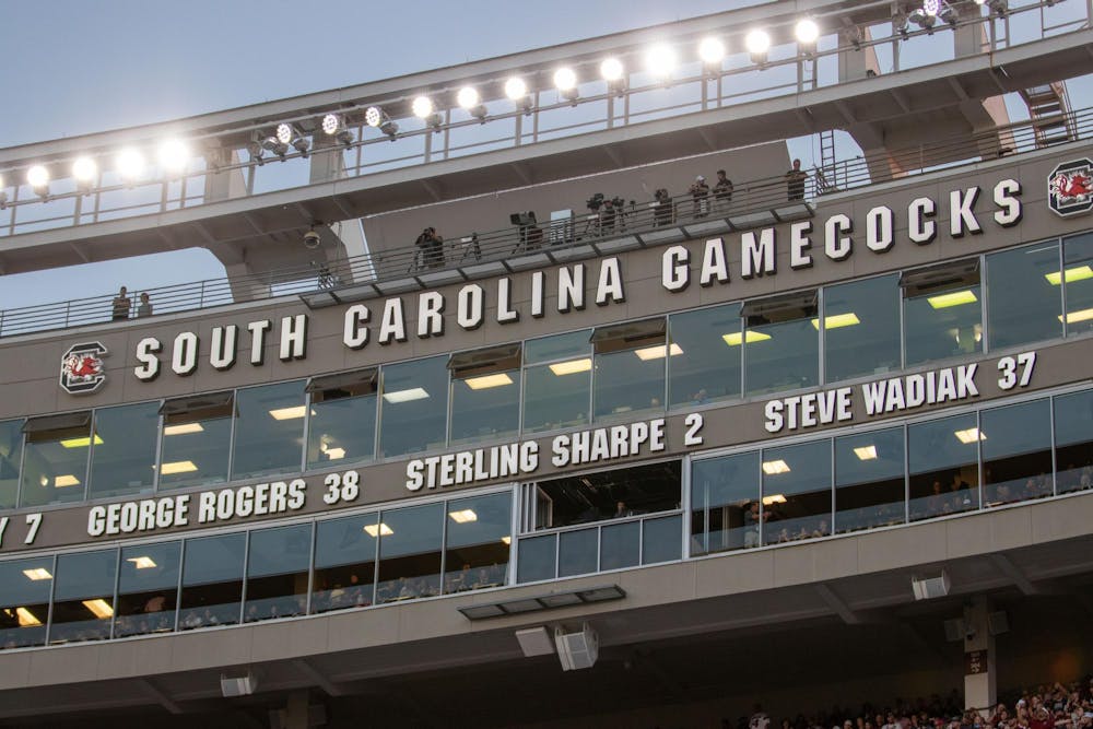 <p>FILE — The press box of Williams-Brice Stadium is alight ahead of the Gamecocks' matchup against UNC Charlotte on Sept. 24, 2022. Manchester United and Liverpool are set to play at the stadium in August.</p>