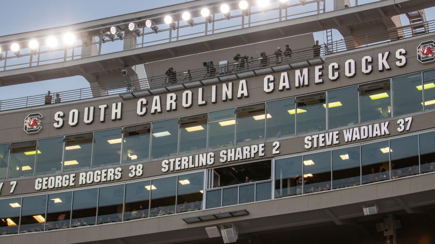 FILE — The press box of Williams-Brice Stadium is alight ahead of the Gamecocks' matchup against UNC Charlotte on Sept. 24, 2022. Manchester United and Liverpool are set to play at the stadium in August.