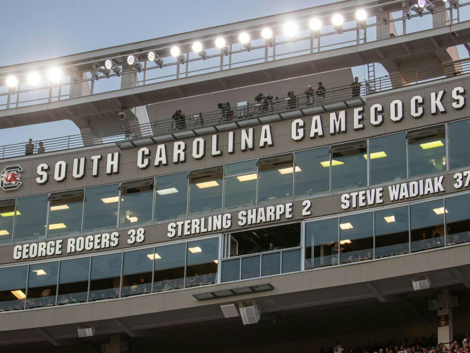 FILE — The press box of Williams-Brice Stadium is alight ahead of the Gamecocks' matchup against UNC Charlotte on Sept. 24, 2022. Manchester United and Liverpool are set to play at the stadium in August.