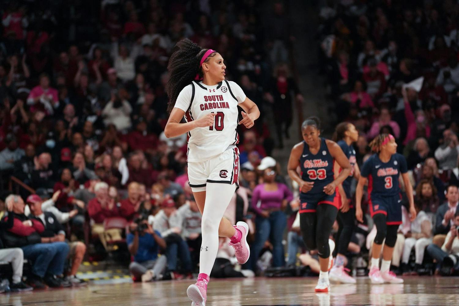 FILE - Senior center Kamilla Cardoso looks to the sideline as she runs up the court during South Carolina’s game against Ole Miss at Colonial Life Arena on Feb. 4, 2024. Cardoso led the team with 17 points and four blocks in the Gamecocks' 85-56 victory over the Rebels.
