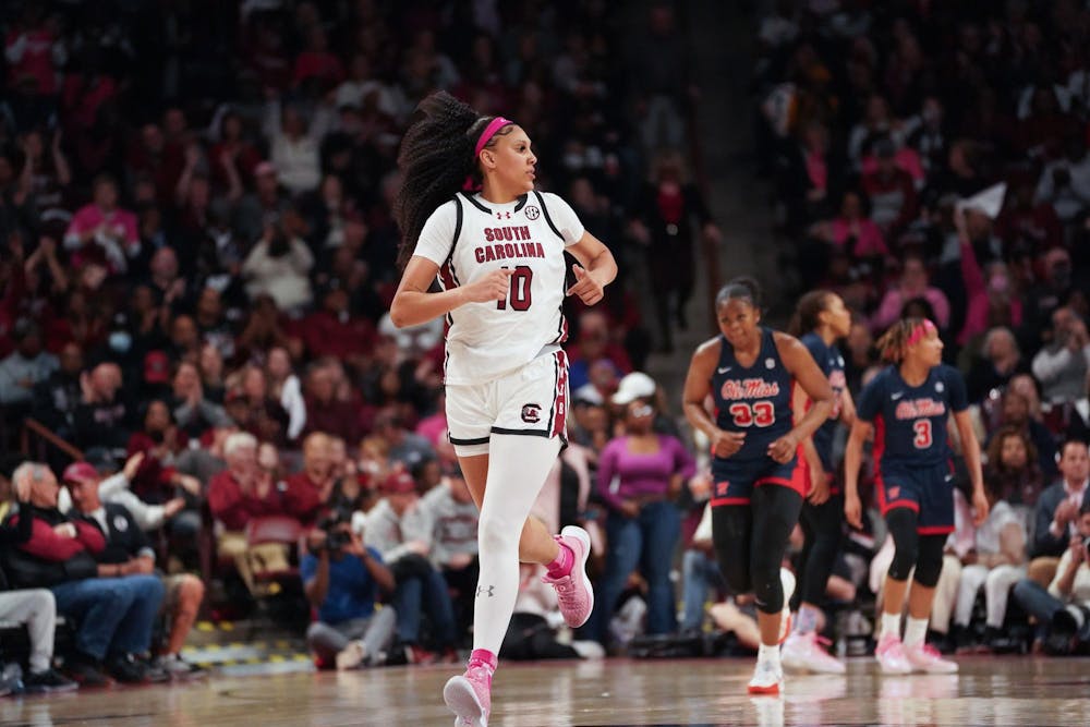 <p>FILE - Senior center Kamilla Cardoso looks to the sideline as she runs up the court during South Carolina’s game against Ole Miss at Colonial Life Arena on Feb. 4, 2024. Cardoso led the team with 17 points and four blocks in the Gamecocks' 85-56 victory over the Rebels.</p>
