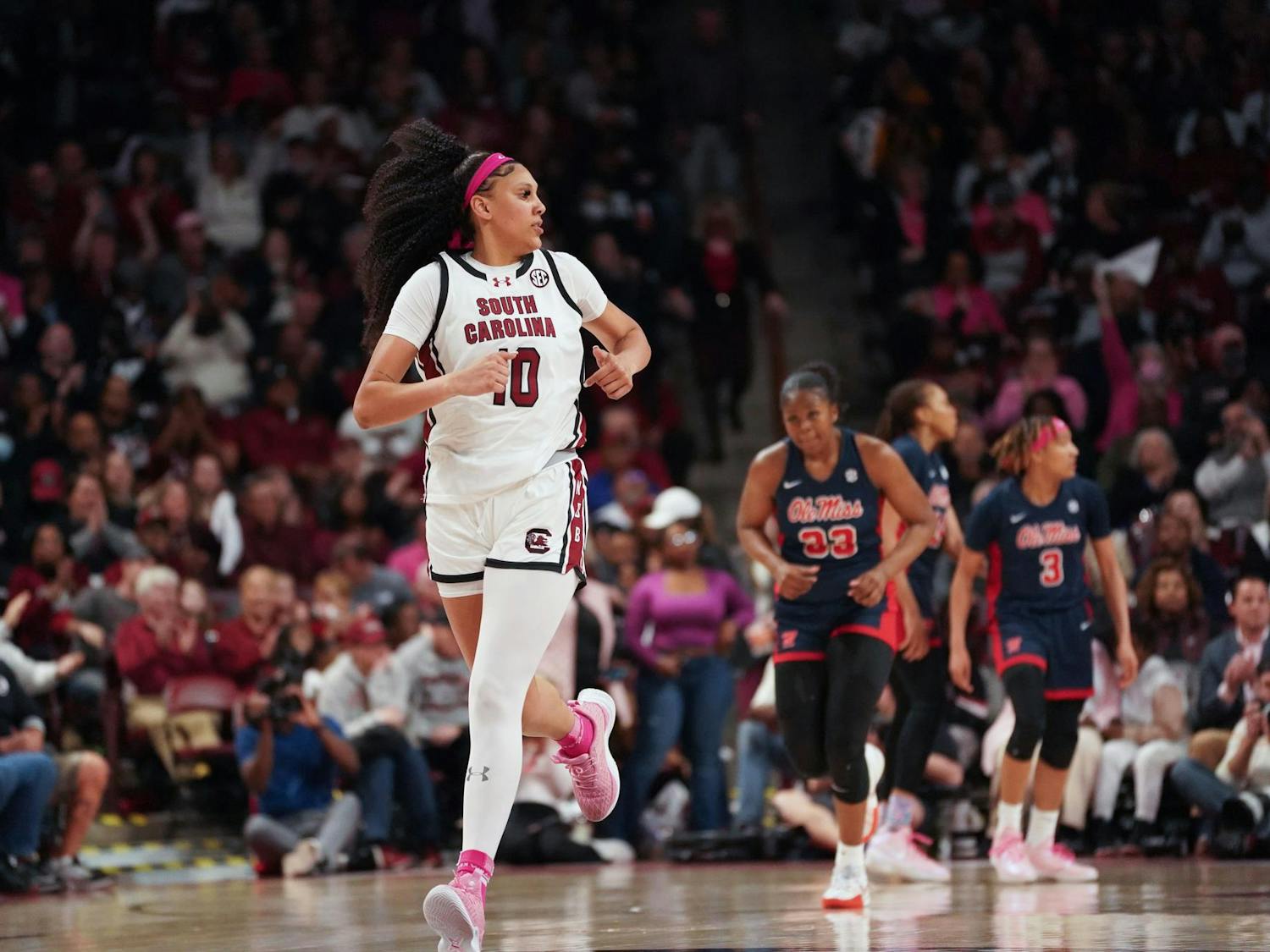 FILE - Senior center Kamilla Cardoso looks to the sideline as she runs up the court during South Carolina’s game against Ole Miss at Colonial Life Arena on Feb. 4, 2024. Cardoso led the team with 17 points and four blocks in the Gamecocks' 85-56 victory over the Rebels.