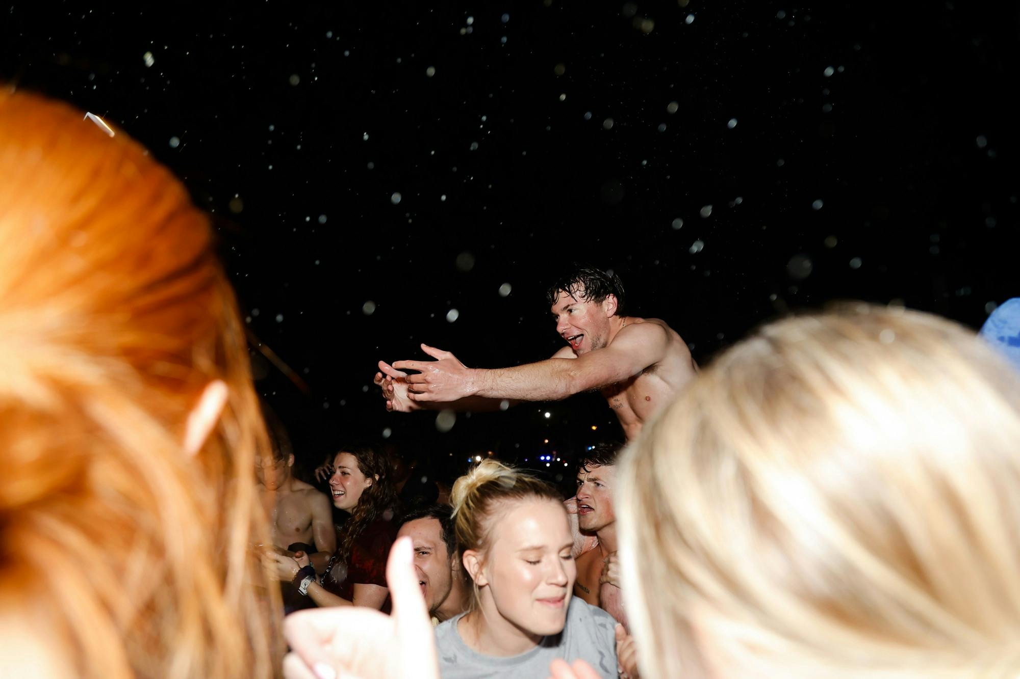 Water from the Thomas Cooper Library fountain rains down on a student as he celebrates the USC women’s basketball team beating the University of Connecticut in the national championship. 