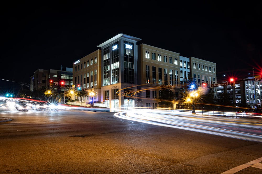 <p>Cars drive along the intersection of Assembly and Blossom Streets on the night of Nov. 2, 2025. The intersection is one of the busiest around the USC campus and regularly sees student pedestrian traffic from Strom Thurmond Wellness Center and the Greek Village.</p>