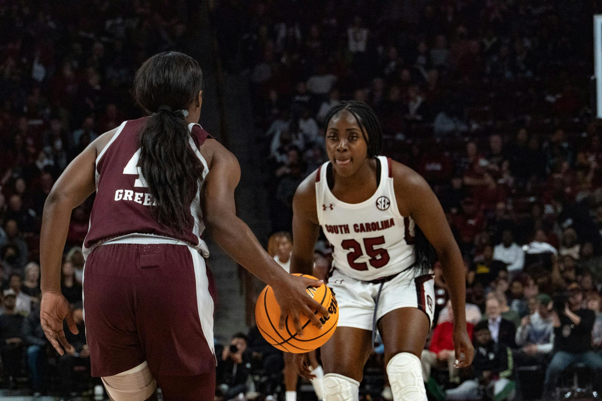 Redshirt freshman guard Raven Johnson defends against a Texas A&amp;M player to halt her opponent’s drive to the basket on Dec. 29, 2022. South Carolina defeated Texas A&amp;M 76-34 in its SEC-opener.