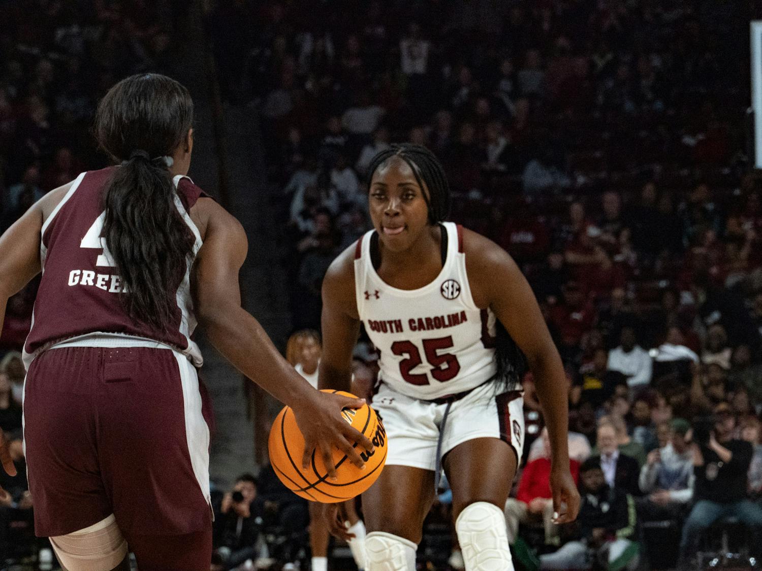 Redshirt freshman guard Raven Johnson defends against a Texas A&amp;M player to halt her opponent’s drive to the basket on Dec. 29, 2022. South Carolina defeated Texas A&amp;M 76-34 in its SEC-opener.