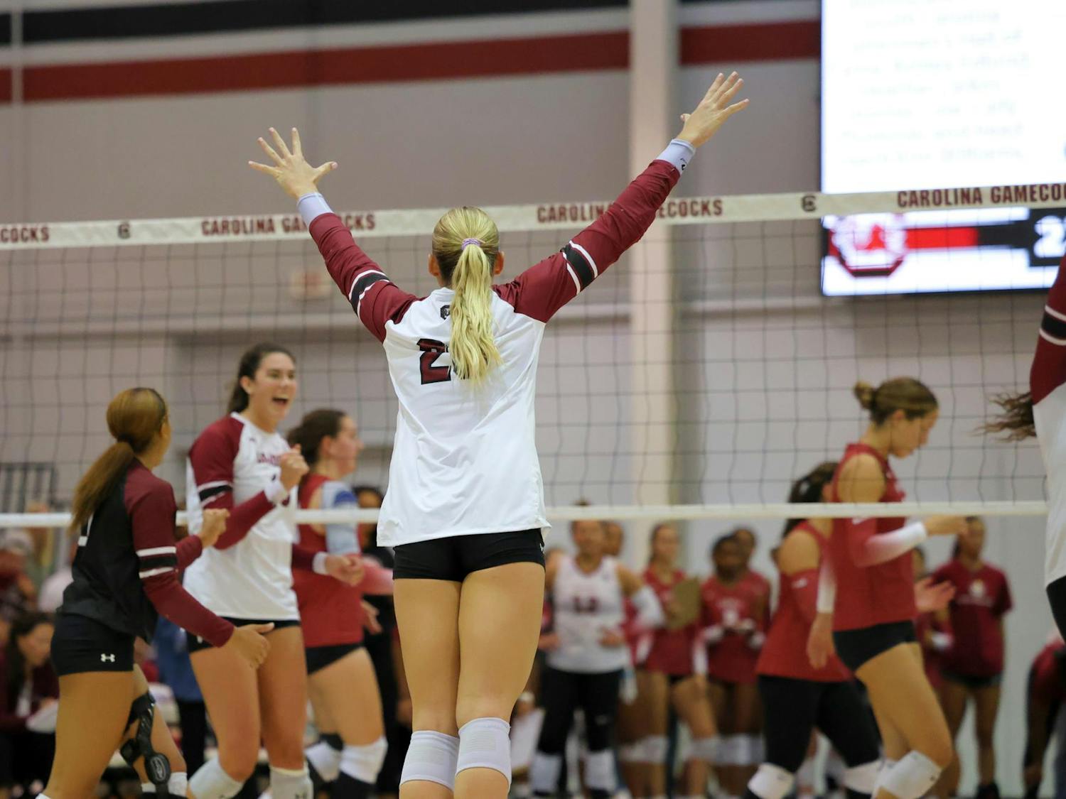 Graduate student outside hitter Riley Whitesides celebrates after the Gamecocks earned a point against Temple on Sept. 6, 2024. Whitesides tallied three service aces and 18 points in the team’s 3-0 win over the Owls.
