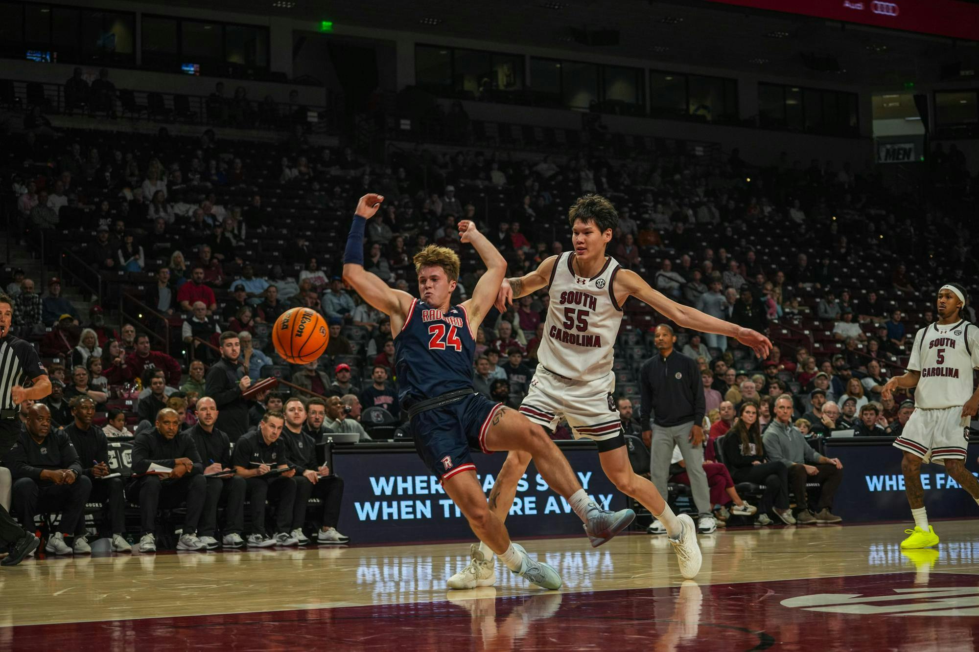 Senior guard Mike Sharavjamts forces a Radford player off balance as the two battle for a loose ball during the Gamecocks’ home matchup on Nov. 18, 2025, at Colonial Life Arena. The play drew loud reactions from the crowd and helped shift momentum as South Carolina continued to control the pace of the game.