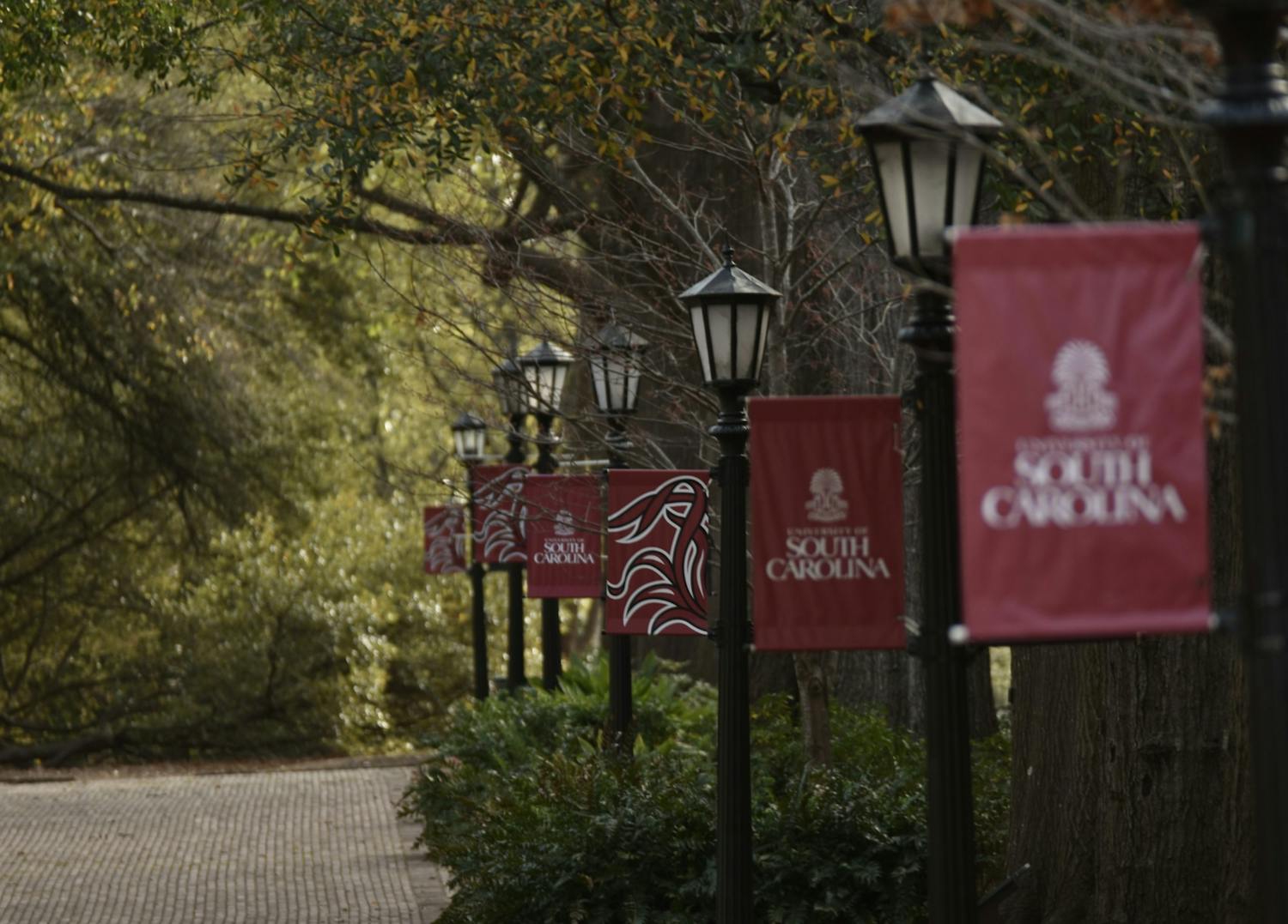 University of South Carolina banners line the walkways of the Horseshoe at sunrise.&nbsp;