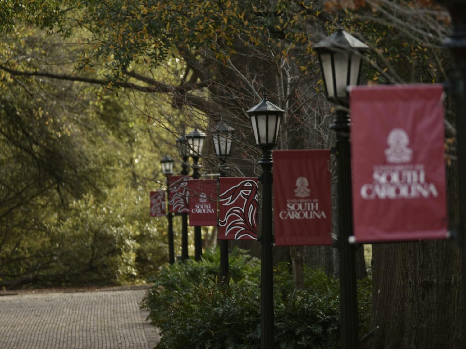 University of South Carolina banners line the walkways of the Horseshoe at sunrise.&nbsp;